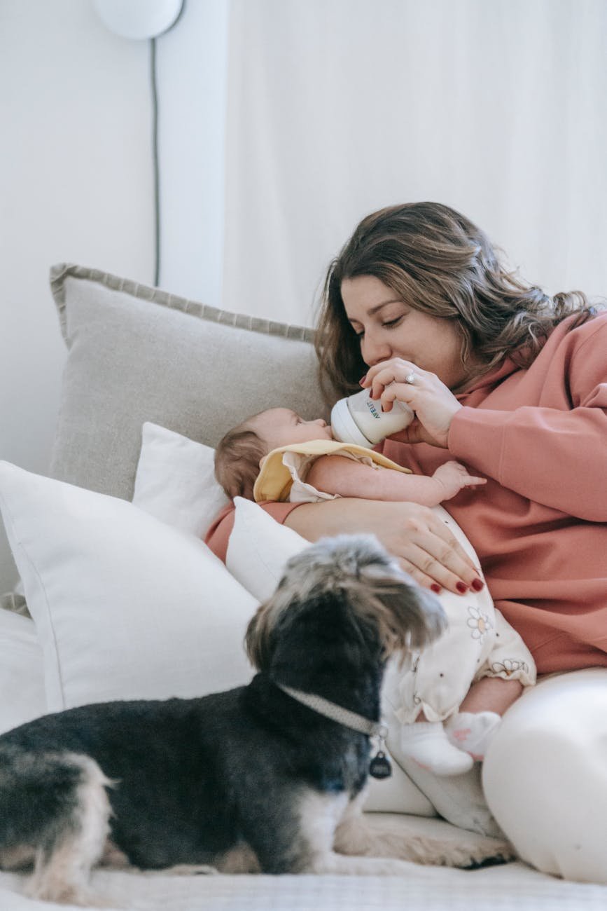 woman feeding infant baby near dog